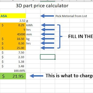 Accurate 3D print cost calculator EXCEL template