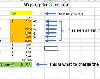 May include: A spreadsheet with a 3D part price calculator. The spreadsheet is divided into columns and rows with headings such as "Filiment Type", "Weight per meter", "Electricity Cost", "Time to print", "length of Meterial used", "Spool cost", "labor/assly/prep time", "labor/assbly/prep per hr", "labor/assly/prep cost", "Total Cost of Meterial", "Total Cost of Electricity", "Matreial & Electricity", "Profit margin", and "Total Cost to Custome". The spreadsheet also includes a section for "Pick Meterial from List" and "FILL IN THE FIELDS".