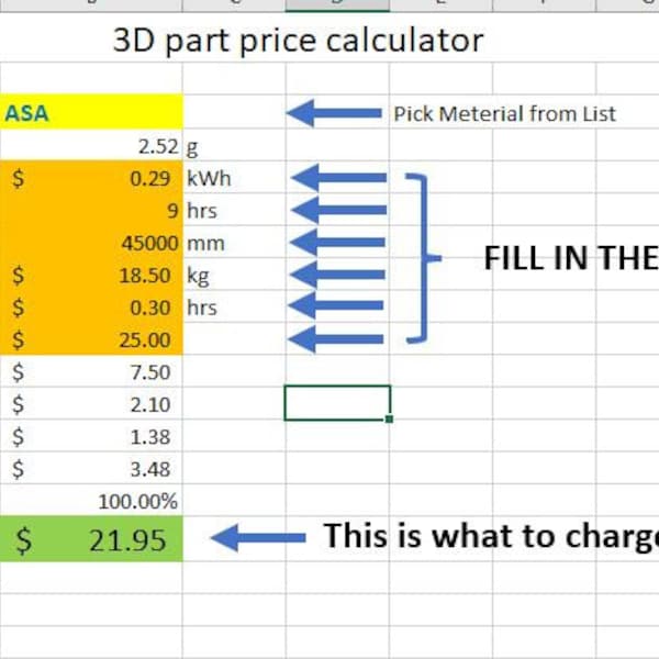 Accurate 3D print cost calculator EXCEL template