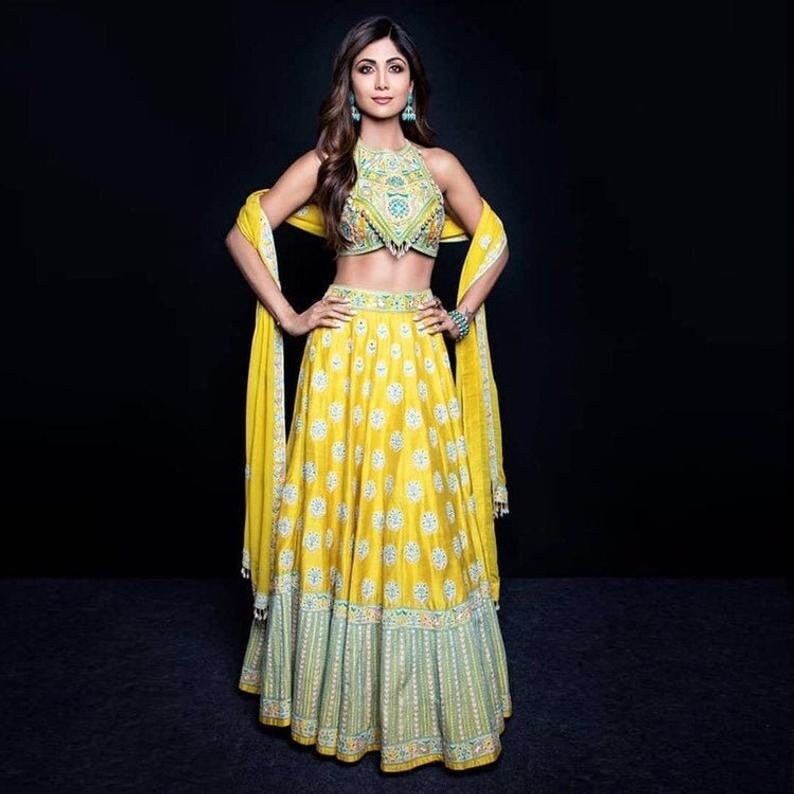 Tapetta Silk With Digital Printed Work Exclusive Fancy Work On Bridal yellow Indo Western Traditional lehenga with blouse and Dupatta