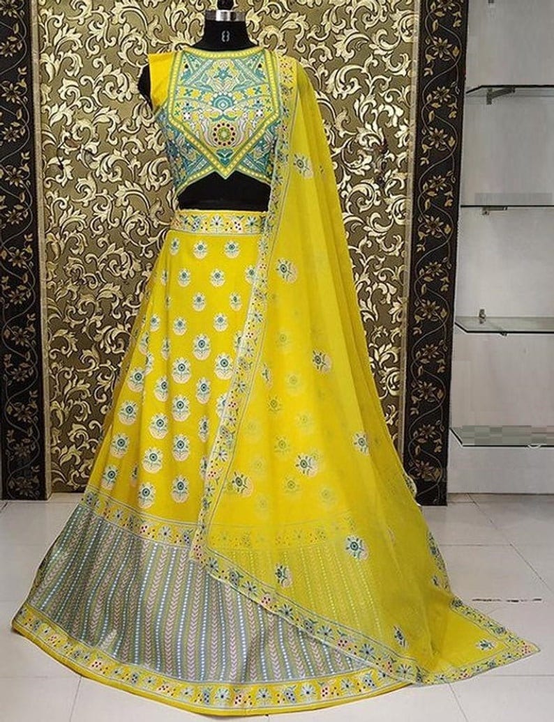 Tapetta Silk With Digital Printed Work Exclusive Fancy Work On Bridal yellow Indo Western Traditional lehenga with blouse and Dupatta