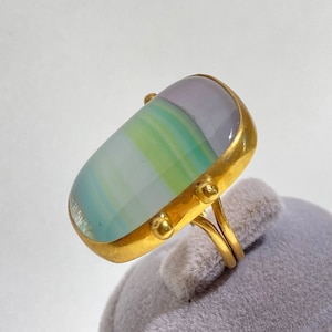 Handmade Green & Purple Glass Ring: Gold-Plated Adjustable Brass Ring