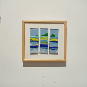 Fused Glass Landscape Art: Abstract Lake Beach Scene, Framed Wall Decor