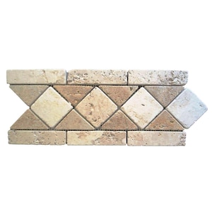 May include: A decorative border made of natural stone tiles. The design features alternating rectangular and diamond-shaped tiles in beige, tan, and cream. The tiles are arranged in a repeating pattern, suitable for interior design projects.