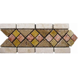 Puede incluir: Borde de azulejo decorativo con un patrón repetitivo de diamantes y triángulos. Los azulejos son en tonos beige, marrón, amarillo y rosa. Ideal para proyectos de decoración del hogar.