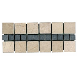 May include: A beige and black marble mosaic tile border with a black grout line. The tiles are arranged in a staggered pattern.