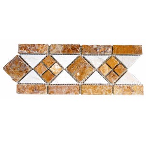 May include: A mosaic tile border with a geometric pattern of white and brown squares and triangles. The border is made of natural stone and has a rustic look.