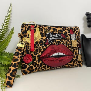 Cheetah Print Clutch with Red Lip Patches, Queen Statement Purse, Leopard Glam Bag, Handmade Sequin Clutch, Bold Feminine Evening Bag