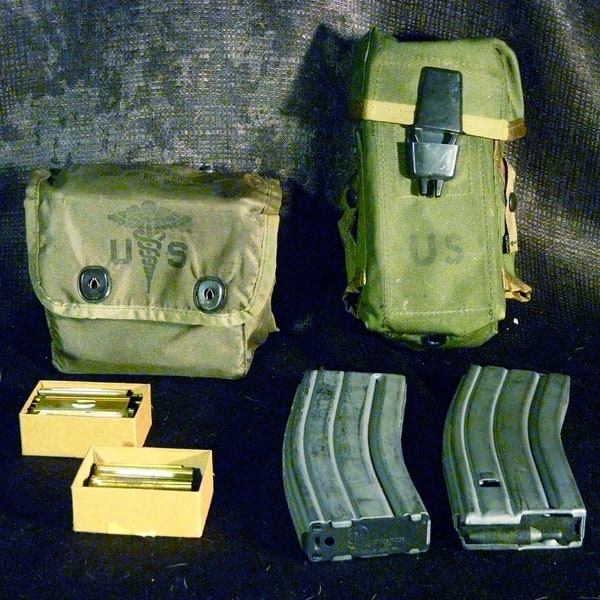 Vietnam Era Ammo Magazine Pouch for M-16 Magazine and First Aid Kit; 2 Empty Authentic M-16 Magazines Included; War Relics