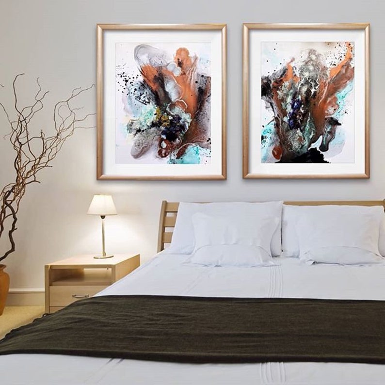 Arya contemporary sky blue and gold- minimalist Original alcohol ink abstract grey umber fluid art - black white sepia copper