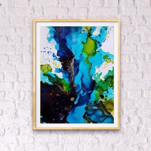 Arya contemporary sky blue and gold- minimalist Original alcohol ink abstract grey umber fluid art - black white sepia copper