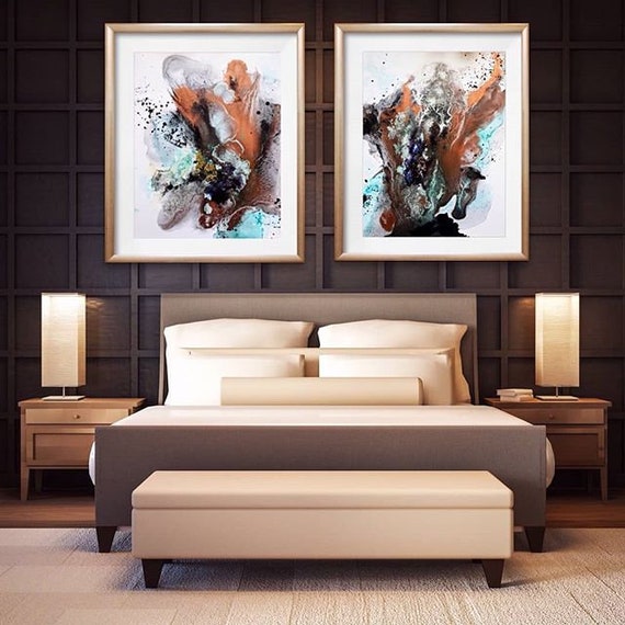 Arya contemporary sky blue and gold- minimalist Original alcohol ink abstract grey umber fluid art - black white sepia copper