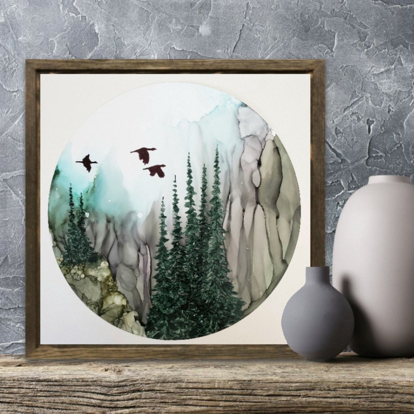 Original Alcohol Ink Art Landscape Painting Forest Art Misty Forest