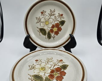 May include: A stack of beige ceramic plates with a brown rim and floral design. The plates feature white and rust-colored flowers with green leaves. One plate is displayed on a black stand.