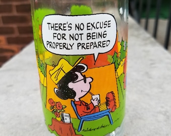Camp Snoopy Collection, There's No Excuse For Not Being Properly Prepared, McDonald's Peanuts tall glass, Vintage