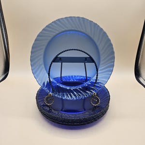 Arcoroc France 6 Cobalt Blue Glass, Swirl, Fan Edge 7.5&quot; Salad, Dessert Plates