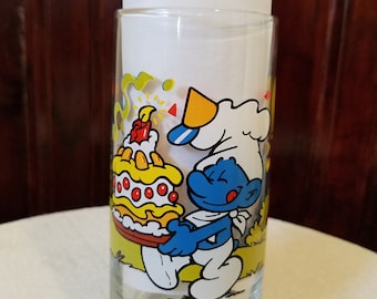 Baker Smurf Peyo 1983 tall glass, vintage, Wallace Berrie & Co. 6"H