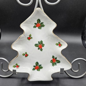 LEFTON CHRISTMAS TREE shape plate dish candy nut relish tidbit white holly berry