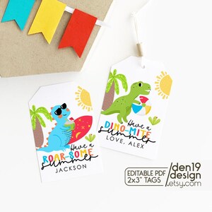Étiquettes cadeaux d'été modifiables et imprimables / Étiquette de cadeau dinosaure de plage / Passez un été de dinosaures / Passez un été endiablé