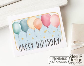 Happy Birthday Printable Card / Instant Download PDF / Balloons Greeting Card Template