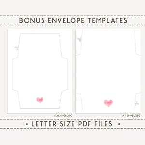 May include: Two white envelope templates with a watercolor pink heart on each. The text "BONUS ENVELOPE TEMPLATES" and "LETTER SIZE PDF FILES" are displayed. One template is labeled "A2 ENVELOPE" and the other is labeled "A7 ENVELOPE".