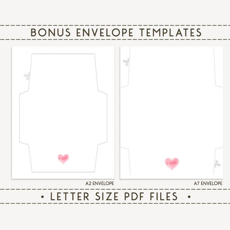 May include: Two white envelope templates with a watercolor pink heart on each. The text "BONUS ENVELOPE TEMPLATES" and "LETTER SIZE PDF FILES" are displayed. One template is labeled "A2 ENVELOPE" and the other is labeled "A7 ENVELOPE".