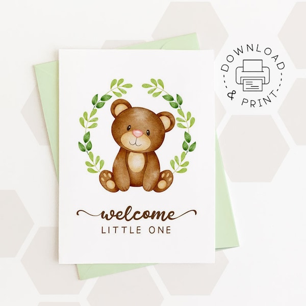 Welcome Little One Printable Card / Baby Bear Card / Instant Download PDF / Card Template