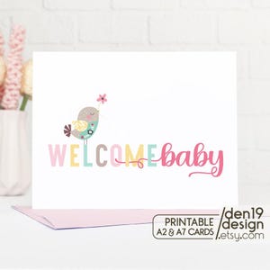 Cartão de boas-vindas para bebê para impressão / Download instantâneo em PDF / Cartão rosa para novo bebê / Modelo de cartão para chá de bebê
