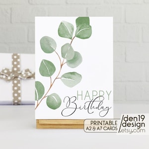 Carte imprimable joyeux anniversaire / Téléchargement instantané PDF / Modèle de carte de voeux eucalyptus