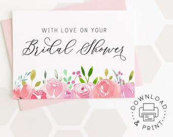 Printable Card: With Love On Your Bridal Shower / Instant Download PDF / Bridal Shower Card Template