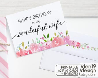 Floral Birthday Card for Wife: Printable A2/A7 Card & Envelope (PDF)