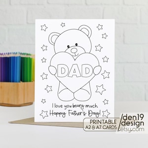 Tarjeta imprimible para colorear del Día del Padre / Descarga instantánea en PDF / Plantilla de tarjeta "Te quiero mucho, Beary"