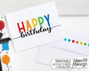 Rainbow Happy Birthday Card: Printable A2 & A7 with Envelope (PDF)