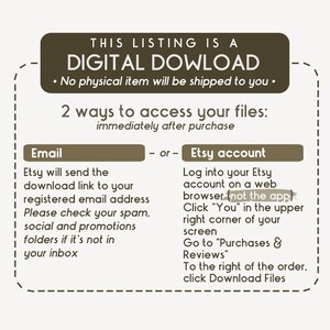 May include: A brown and white graphic with the text "THIS LISTING IS A DIGITAL DOWNLOAD" and "No physical item will be shipped to you."  The graphic explains two ways to access digital files after purchase: via email or through the Etsy account.
