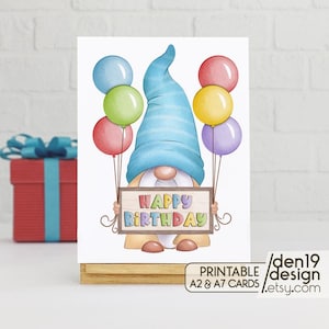 Carte imprimable Joyeux anniversaire / Gnome avec des ballons Téléchargement instantané au format PDF