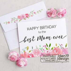 Feliz cumpleaños a la mejor mamá del mundo. Tarjeta y sobre imprimibles. Descarga instantánea en PDF. Plantilla de tarjeta y sobre.