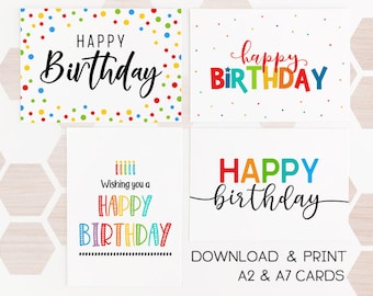 Set of 4 Printable Birthday Cards / Happy Birthday Card / Instant Download / Card Template