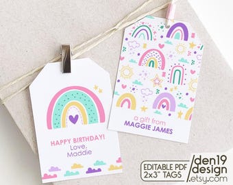 May include: Two printable gift tags featuring a rainbow design. The first tag has a single rainbow with a heart in the center and the text "HAPPY BIRTHDAY! Love, Maddie". The second tag has a repeating pattern of rainbows, stars, hearts, and clouds. The text "a gift from MAGGIE JAMES" is at the bottom of the tag. The text "EDITABLE PDF 2x3" TAGS" is at the bottom of the image.