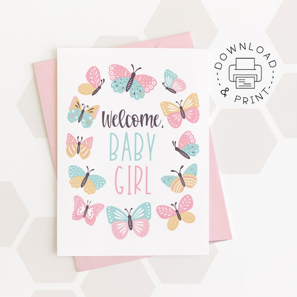 Welcome Baby Girl Printable Card / Pastel Butterflies Baby Card Template / Instant Download PDF