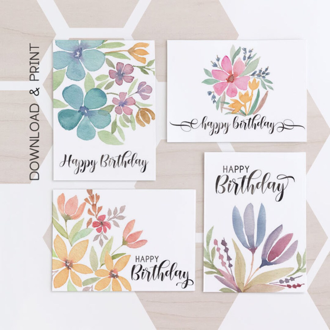 Set of 4 Printable Birthday Cards / Floral Happy Birthday Card - Etsy
