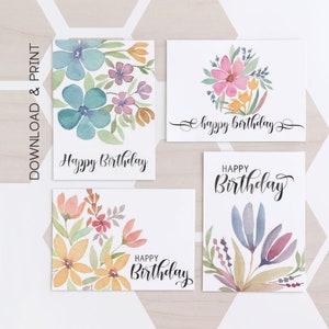 Set of 4 Printable Birthday Cards / Floral Happy Birthday Card - Etsy
