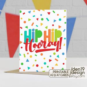 Cartão para impressão Hip Hip Hooray / Download instantâneo em PDF / Modelo de cartão de felicitações colorido