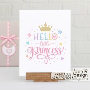 Afdrukbare kaart Hallo kleine prinses / wenskaartsjabloon babymeisje / pdf direct downloaden