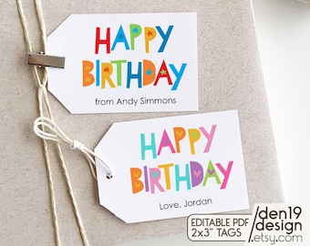 Editable Happy Birthday Gift Tags: Printable PDF (2x3”)