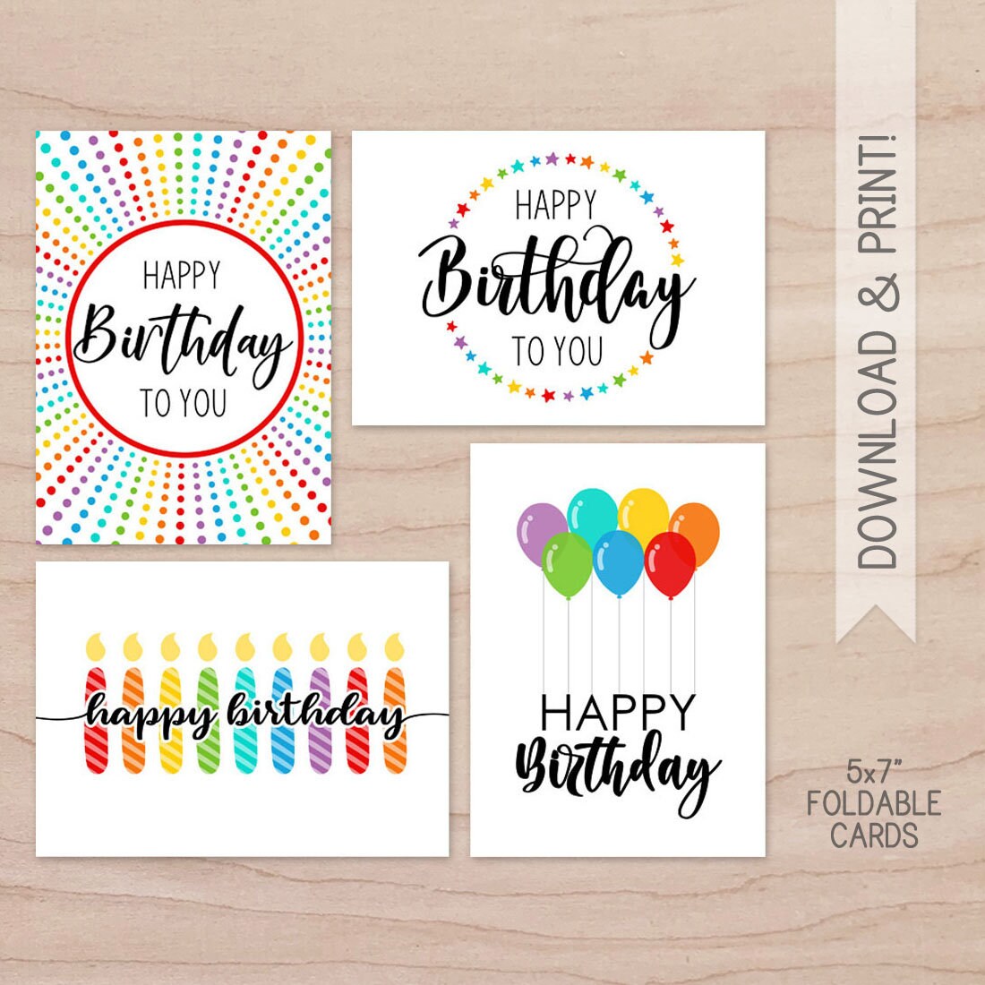 set of 4 printable birthday cards happy birthday card etsy ireland