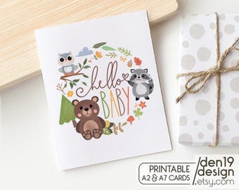 Forest Animals Hello Baby Card: Printable PDF Template