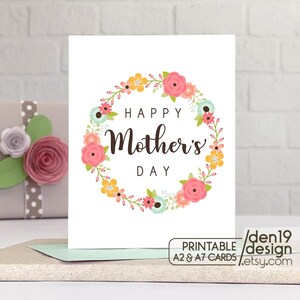 Carte imprimable Joyeuse fête des mères / Modèle de carte couronne de fleurs / Téléchargement instantané PDF