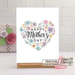 Tarjeta imprimible del Día de la Madre / Plantilla de tarjeta con corazón floral en acuarela / Descarga instantánea en PDF