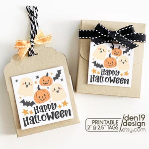 Printable Happy Halloween Gift Tags / Ghost And Pumpkin Square Favor Tag / 2&quot; & 2.5&quot; Cookie tag