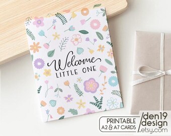 Welcome Little One Printable Card / Pastel Flowers Baby Card Template / Instant Download PDF